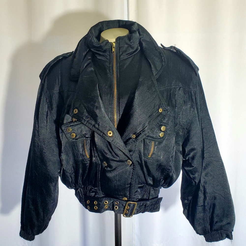 Rainbow West Black Cropped Moto Puffer Winter Jacket Size L Vintage